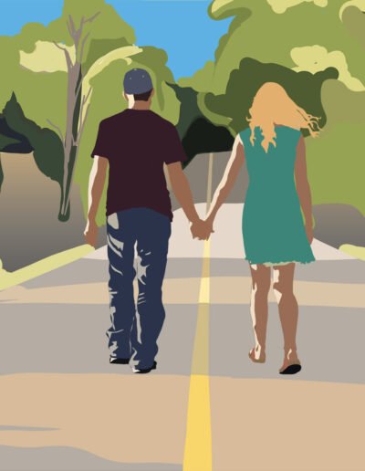 portrait minimaliste couple marchant sur la route